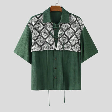 AIDASE  -  Men Shirt Lace Patchwork Pleated Lapel Short Sleeve Men Clothing Summer Streetwear 2025 Loose Fashion Casual Male Shirts aidase-shop